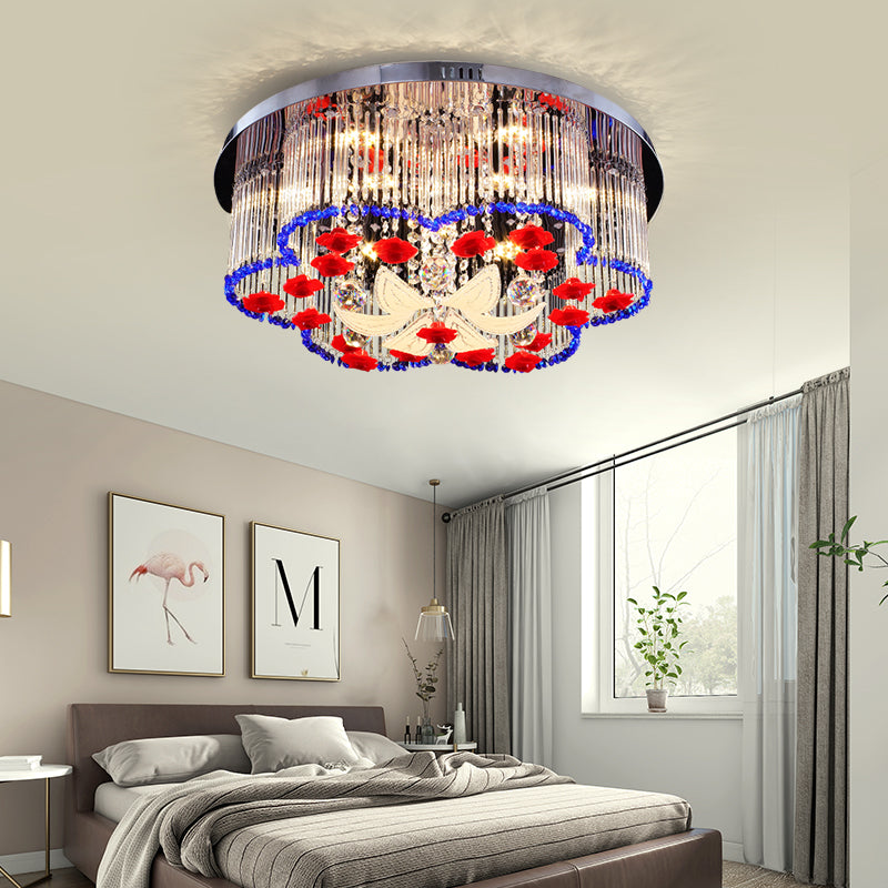 Modern Led Crystal Prism Ceiling Light With Flower Design In Blue And Red 19.5’/23.5’ Width