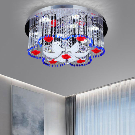 Modern Led Crystal Prism Ceiling Light With Flower Design In Blue And Red 19.5’/23.5’ Width