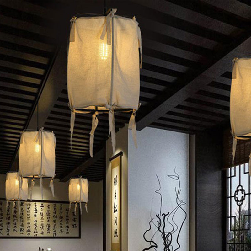 Modern Fabric Shade Lantern Pendant Lighting - 12/14/16 Wide 1-Light White Hanging Lamp For