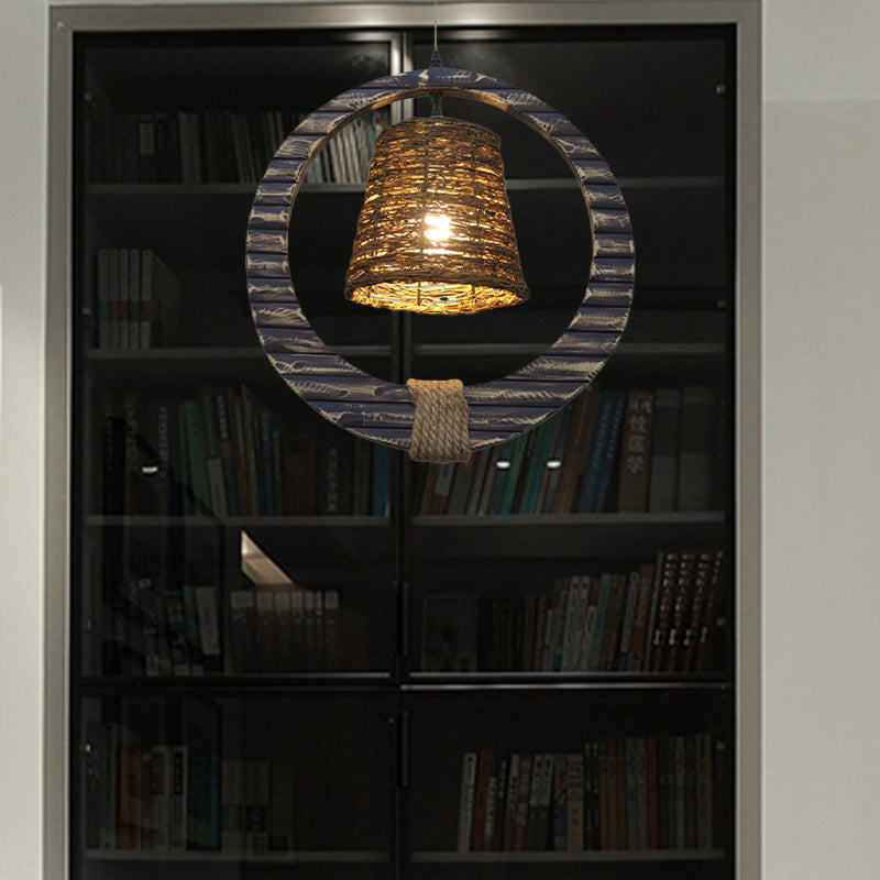 Modern Brown Rattan Hanging Pendant Light With Wooden Ring - 1 Head