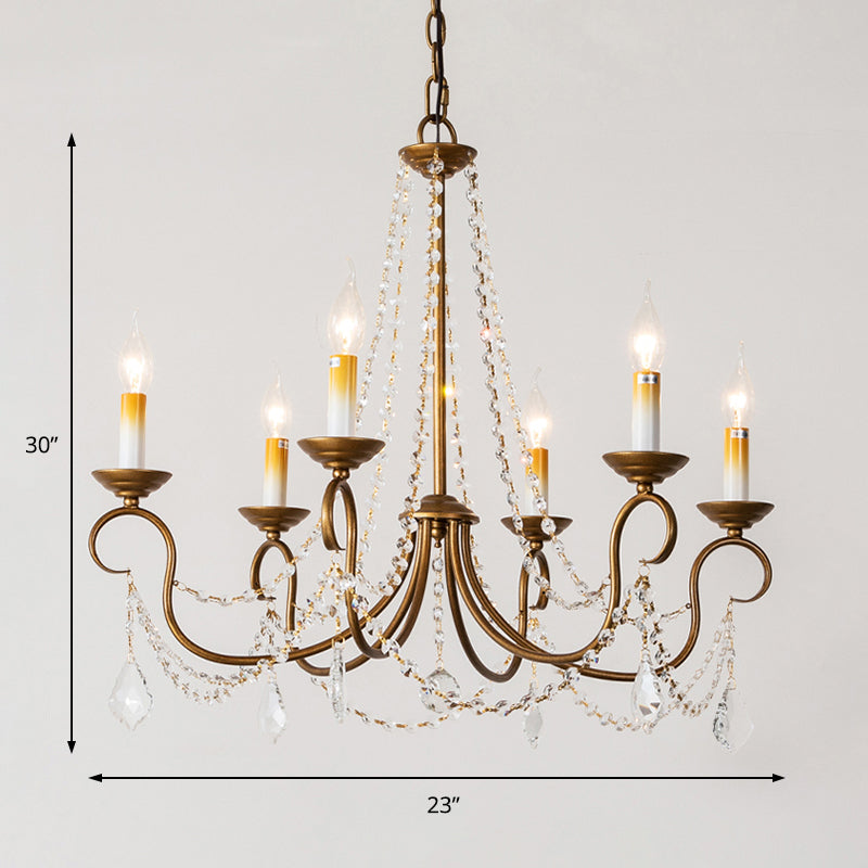 Vintage Brass Chandelier Pendant Light - Crystal Beaded Strand 6/9 Lights Bare Bulb Hanging