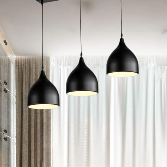 Modern 3-Light Bell Pendant In Black/White Metal With Round/Linear Canopy