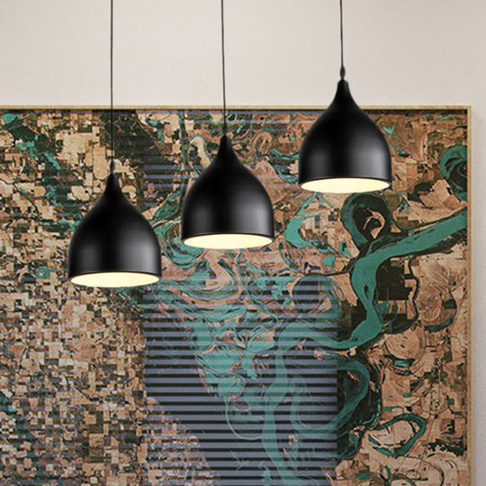 Modern 3-Light Bell Pendant In Black/White Metal With Round/Linear Canopy