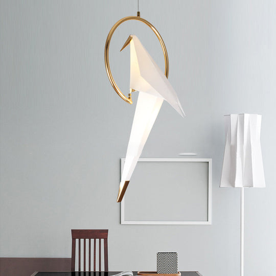 Modern Led Pendant Light With White Birdie Design Metal Ring And Warm/White Lighting