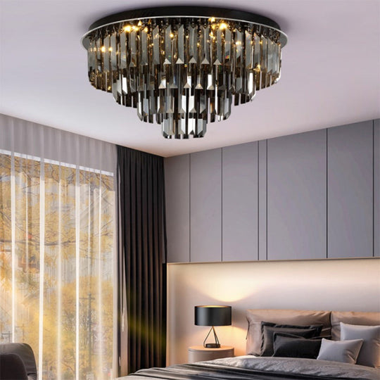 Contemporary Crystal Led Ceiling Mount Light - Smoke Gray Layered Design For Dining Room