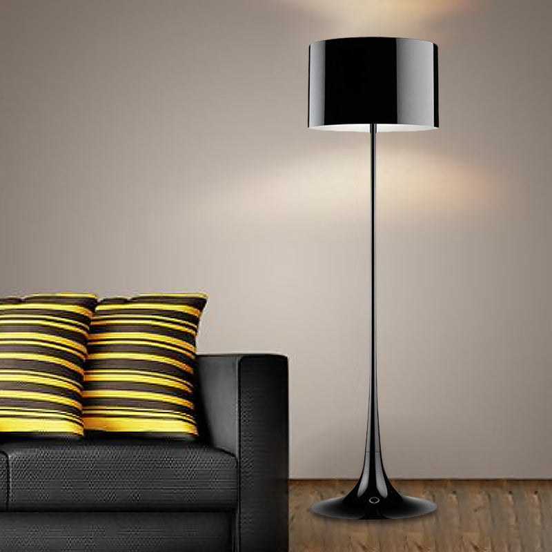 Modern Black/White Drum Shade Floor Lamp - 1-Light Aluminum Light 12/16 Width Ideal For Living Room