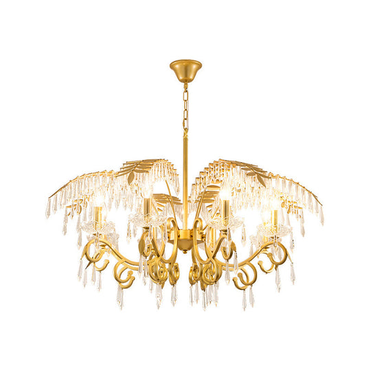 Vintage Style Branch Chandelier With Metal & Crystal Lights Leaf Design In Gold