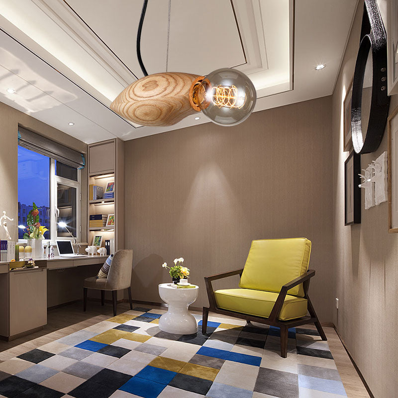 Contemporary Wooden Pendant Light Fixture - Open Bulb Restaurant Hanging