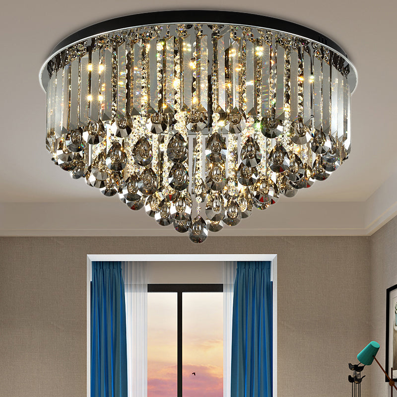 Contemporary Crystal Led Ceiling Lamp - 19.5/23.5 Multi-Tier Flush Mount In Smoke Grey For Bedroom