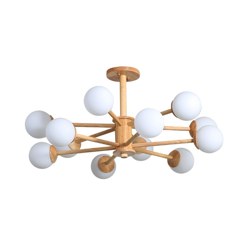 Contemporary Wooden Starburst Chandelier With White Glass Ball Shades - 6/8/12 Lights