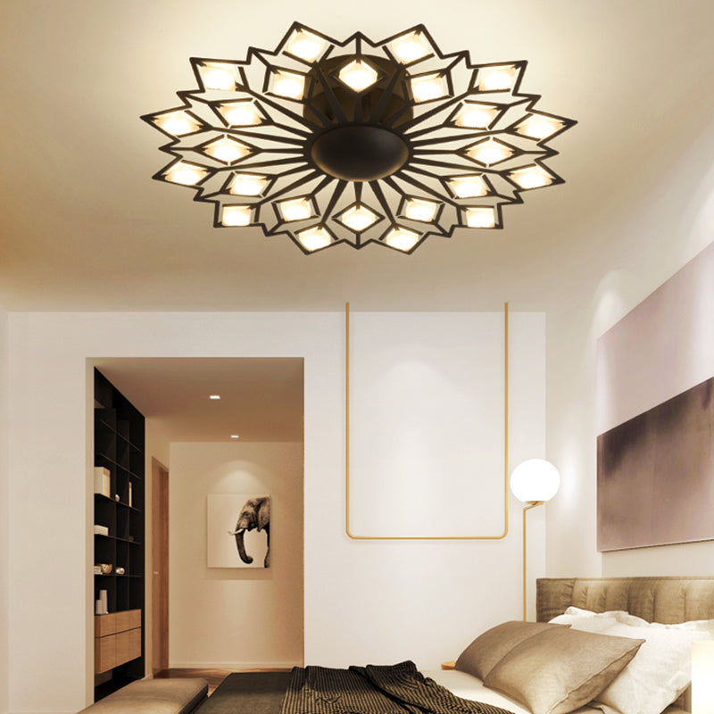 Modern Floral Led Flush Mount Ceiling Lamp In Black And White Metal For Bedroom