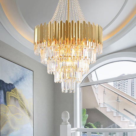 Vintage Style Round Chandelier Light With K9 Crystal For Stairway - Multi-Tier Gold