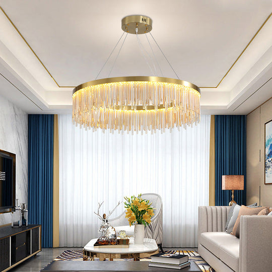 Modern Round Led Chandelier With Crystal Prism & Gold Finish