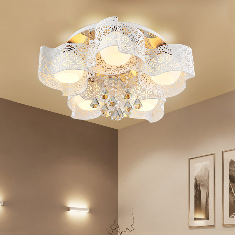 Modernist Crystal Ceiling Lamp With Etched Flower Design 3/5 Lights Opal Glass Ball Shade