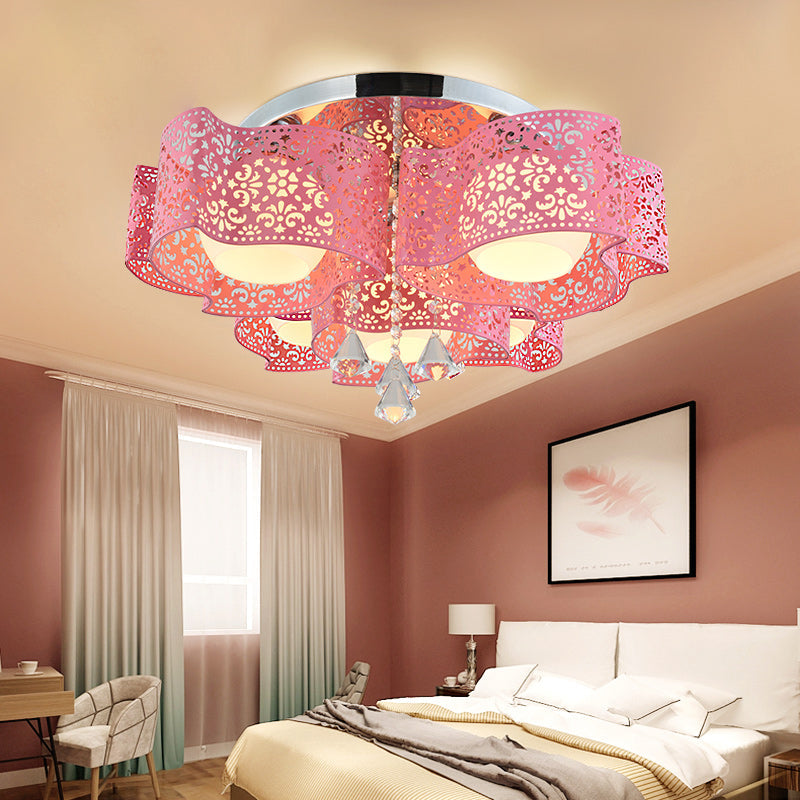 Modernist Crystal Ceiling Lamp With Etched Flower Design 3/5 Lights Opal Glass Ball Shade