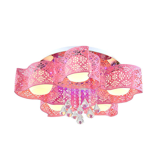 Modernist Crystal Ceiling Lamp With Etched Flower Design 3/5 Lights Opal Glass Ball Shade