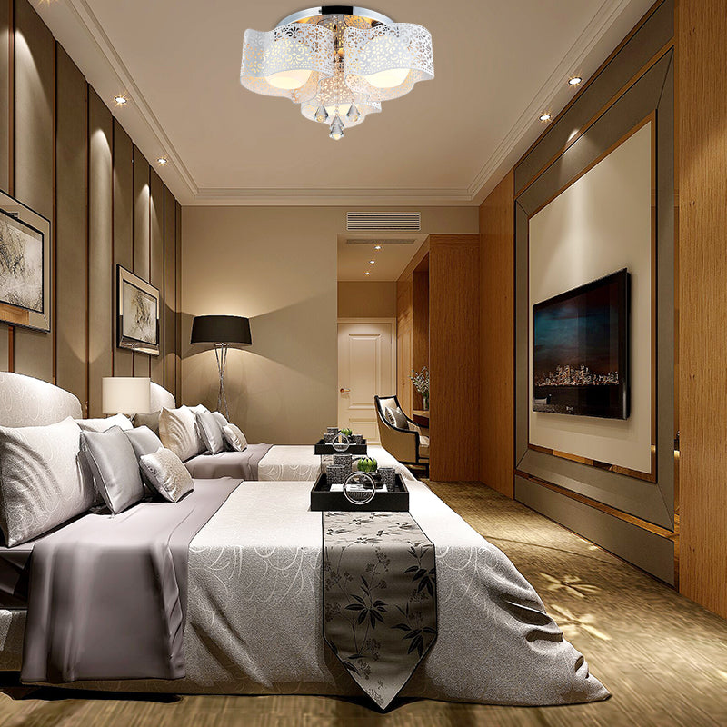 Modernist Crystal Ceiling Lamp With Etched Flower Design 3/5 Lights Opal Glass Ball Shade