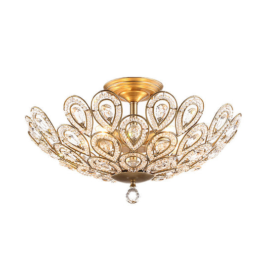 Brass Peacock Tail Flush Ceiling Light - Lodge Style Metal Lamp With Crystal Beads 3/5 Lights For