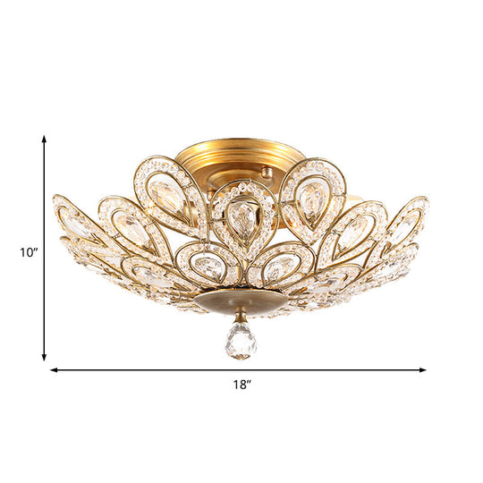 Brass Peacock Tail Flush Ceiling Light - Lodge Style Metal Lamp With Crystal Beads 3/5 Lights For