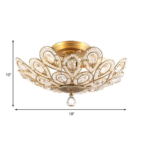Brass Peacock Tail Flush Ceiling Light - Lodge Style Metal Lamp With Crystal Beads 3/5 Lights For