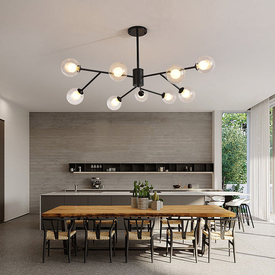 Contemporary Globe Glass Chandelier With Starburst Design - Black/Gold Finish 6/9 Lights