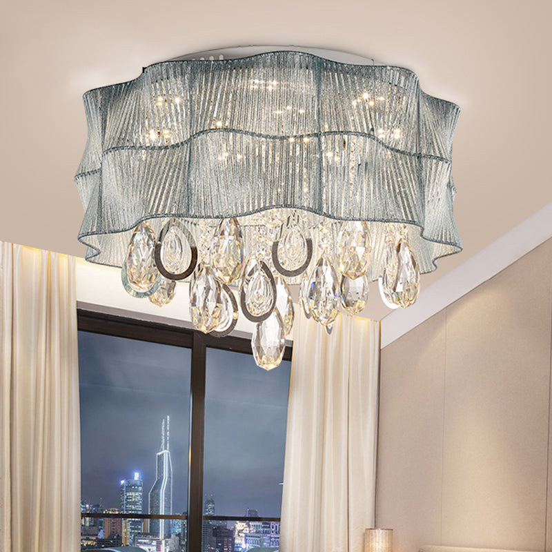 Blue/Pink Flower Flush Ceiling Lamp - Led Contemporary Fabric With Crystal Accents Bedroom Lighting