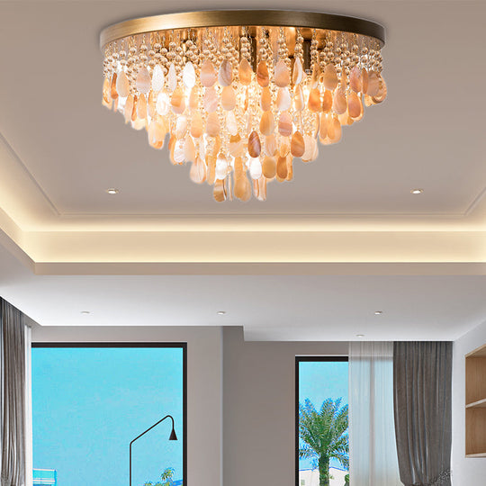 Modern Shell Tiered Flush Mount Light With Crystal Bead - Brass Finish | 6/9 Lights 16’/19.5’ W