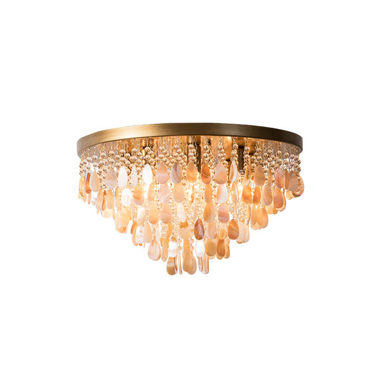 Modern Shell Tiered Flush Mount Light With Crystal Bead - Brass Finish | 6/9 Lights 16’/19.5’ W