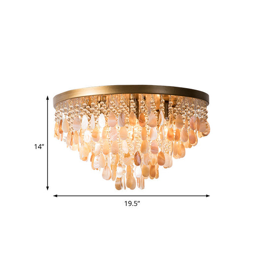 Modern Shell Tiered Flush Mount Light With Crystal Bead - Brass Finish | 6/9 Lights 16’/19.5’ W