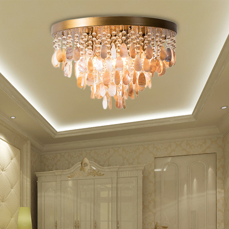 Modern Shell Tiered Flush Mount Light With Crystal Bead - Brass Finish | 6/9 Lights 16/19.5 W