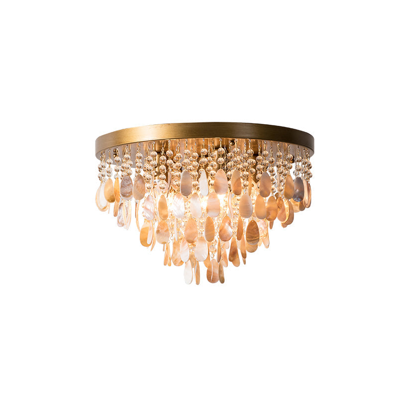 Modern Shell Tiered Flush Mount Light With Crystal Bead - Brass Finish | 6/9 Lights 16’/19.5’ W