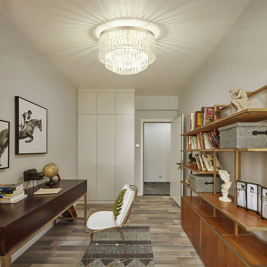 Modernist Drum Ceiling Lamp - Clear Crystal 12’/16’ Width Flush Mount Lighting For Living Room / 16’