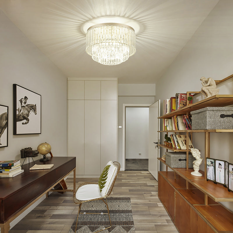 Modernist Drum Ceiling Lamp - Clear Crystal 12/16 Width Flush Mount Lighting For Living Room / 16