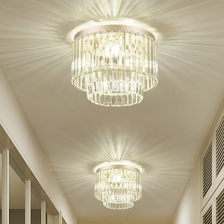 Modernist Drum Ceiling Lamp - Clear Crystal 12/16 Width Flush Mount Lighting For Living Room / 12