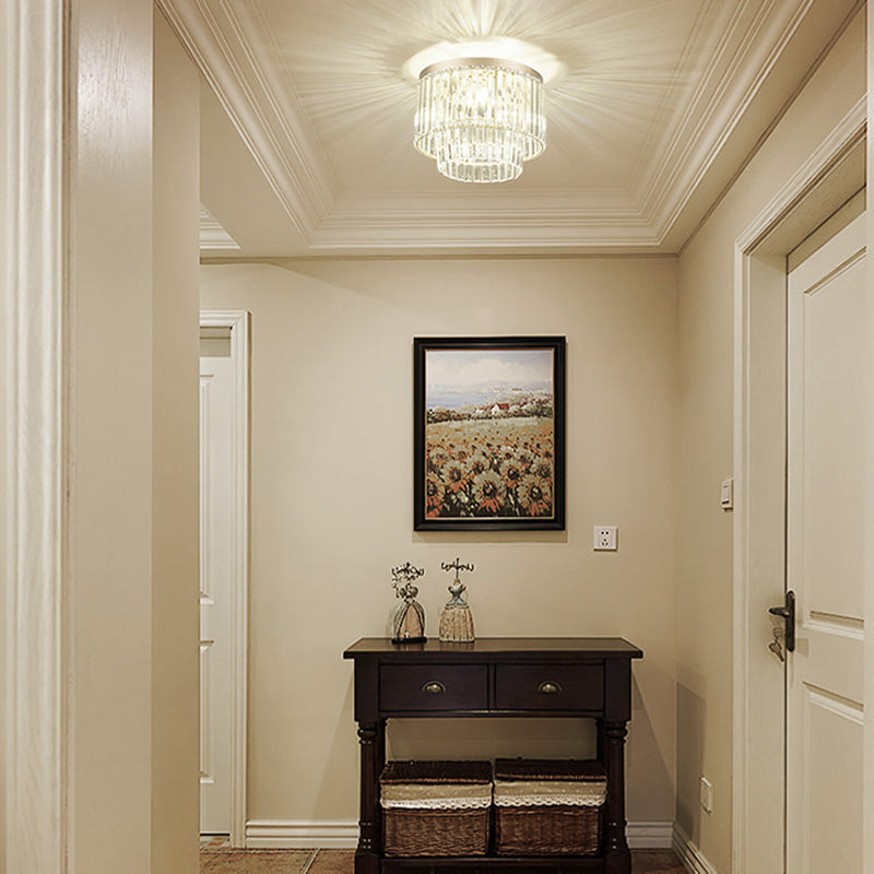 Modernist Drum Ceiling Lamp - Clear Crystal 12/16 Width Flush Mount Lighting For Living Room