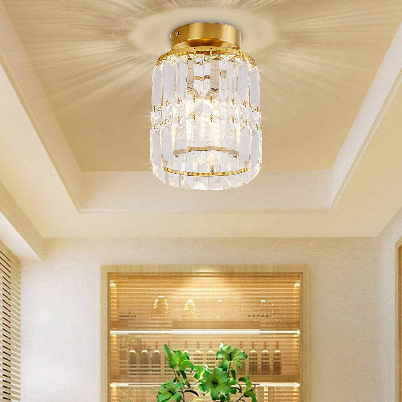 Modern Crystal Cylinder Semi-Flush Ceiling Light Fixture - Clear Shade For Corridor Mounting