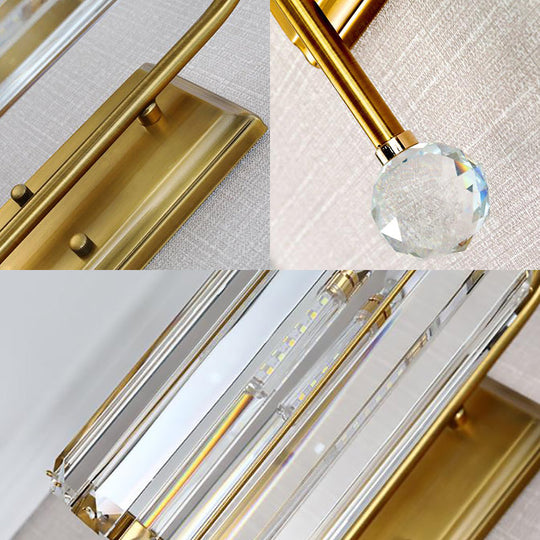 Vintage Gold Metal Gooseneck Wall Light With Clear Crystal Shade - Cylindrical 1/2-Bulb Sconce