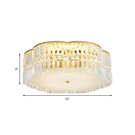 Golden Flower Flush Led Pendant Light With Modern Clear Crystal Design And Acrylic Diffuser -