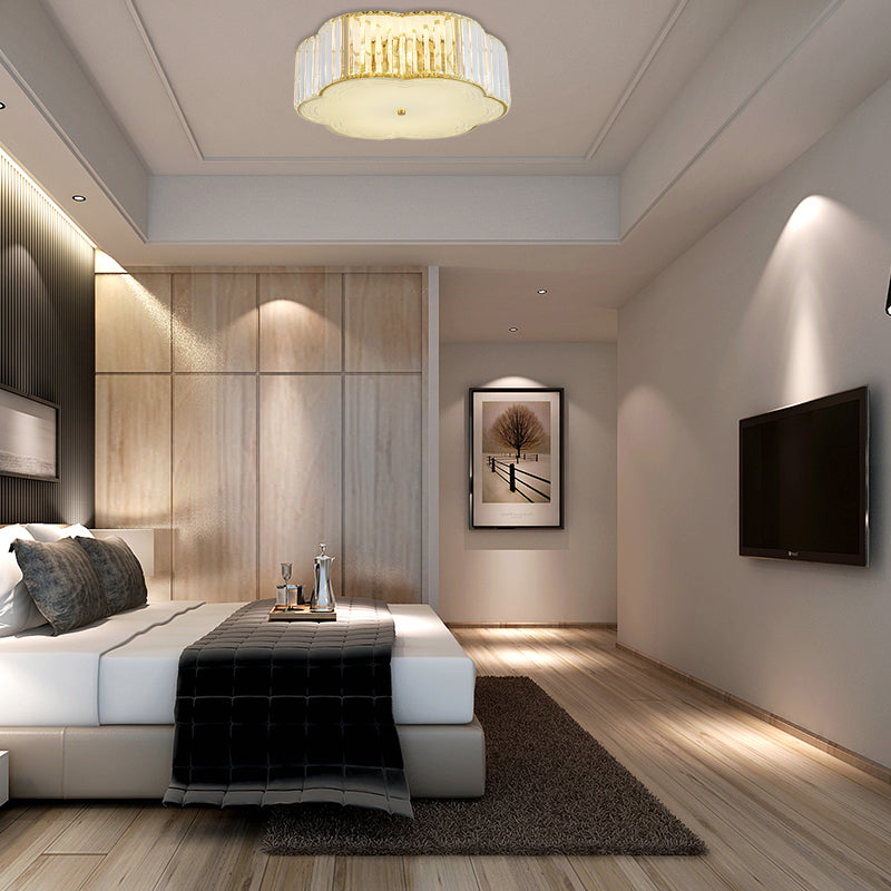 Golden Flower Flush Led Pendant Light With Modern Clear Crystal Design And Acrylic Diffuser -