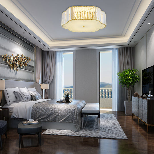 Golden Flower Flush Led Pendant Light With Modern Clear Crystal Design And Acrylic Diffuser -