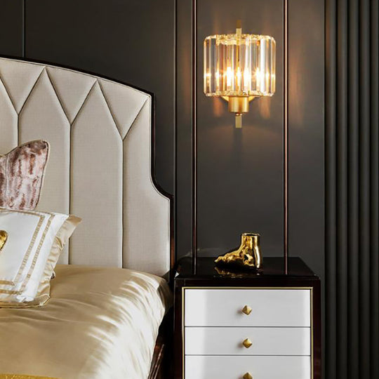 Contemporary Clear Crystal Drum Wall Sconce Lighting - Black/Gold 1 Light Lamp For Bedroom Gold