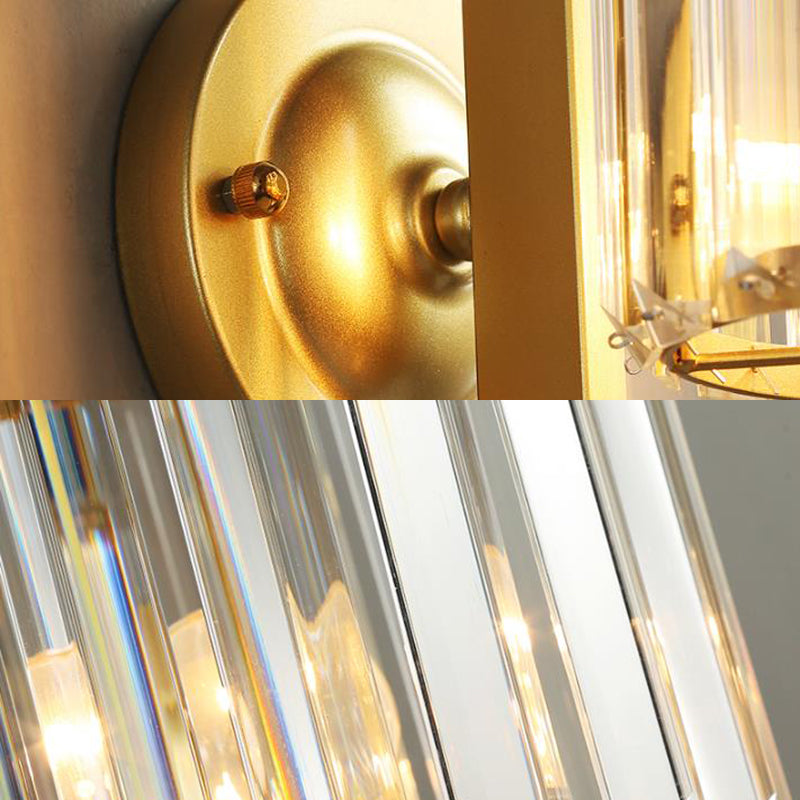 Contemporary Clear Crystal Drum Wall Sconce Lighting - Black/Gold 1 Light Lamp For Bedroom