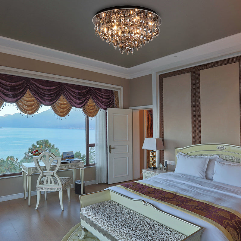 Vintage Smoke Gray Flush Mount Light With Crystal Bead Accents Warm Led Ceiling Lamp -