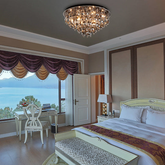 Vintage Smoke Gray Flush Mount Light With Crystal Bead Accents Warm Led Ceiling Lamp -