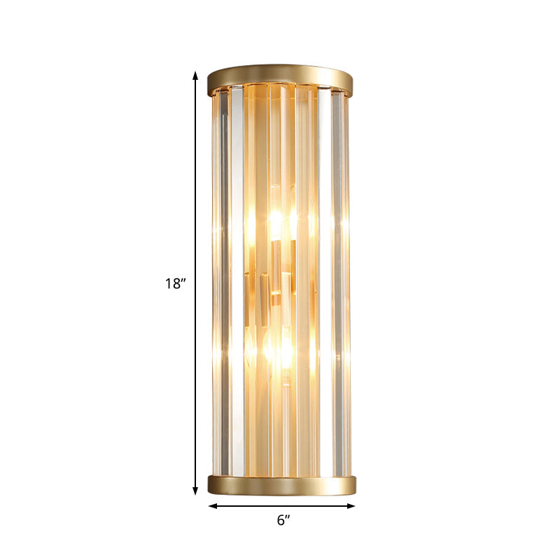 Metal Sconce Lighting: Modern Stylish 2-Light Cylinder Wall Fixture In Gold With Crystal Pipe