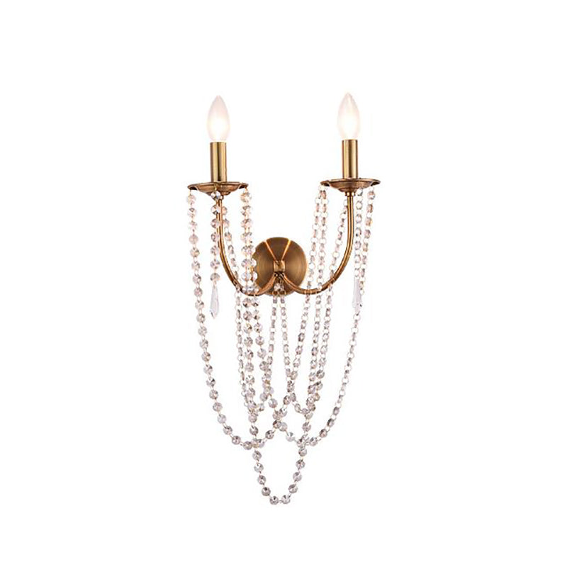 French Country 2-Head Metallic Open Bulb Wall Mount Lamp With Clear Crystal Bead - Brushed Brass