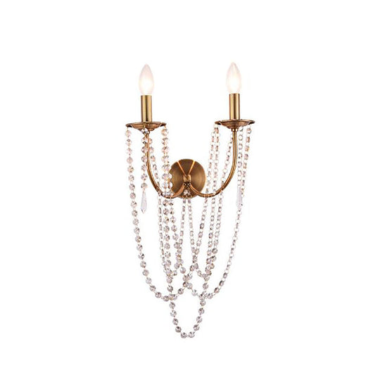 French Country 2-Head Metallic Open Bulb Wall Mount Lamp With Clear Crystal Bead - Brushed Brass