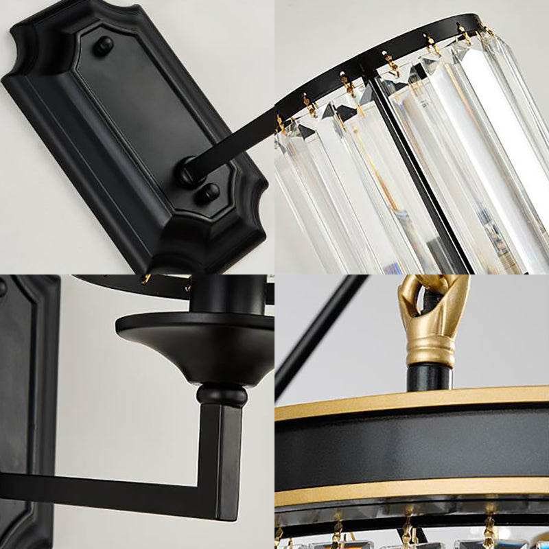 Modern Metallic Cylinder Wall Lamp: 1 Light Sconce With Clear Crystal Prism In Black For Corridor