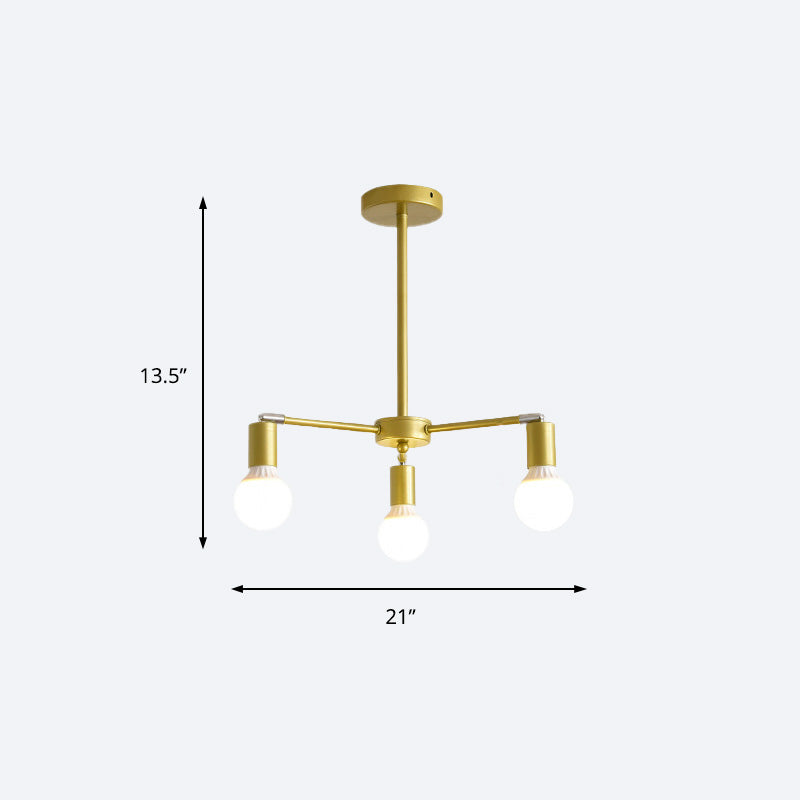 Gold Radial Metal Chandelier With Hanging Lights For Bedroom - Modern Design Bare Bulb