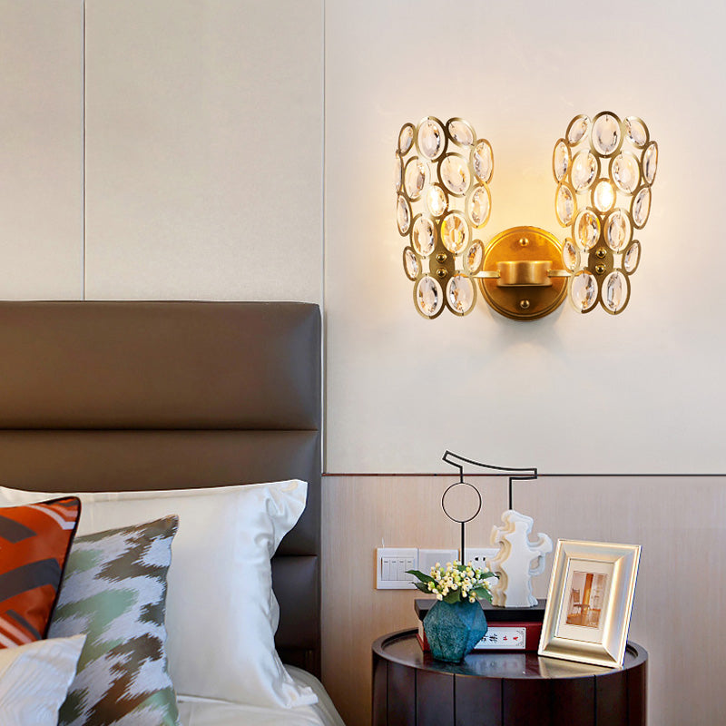 Modern Gold Circles Wall Sconce Light With Crystal Deco - 2 Lights For Bedroom